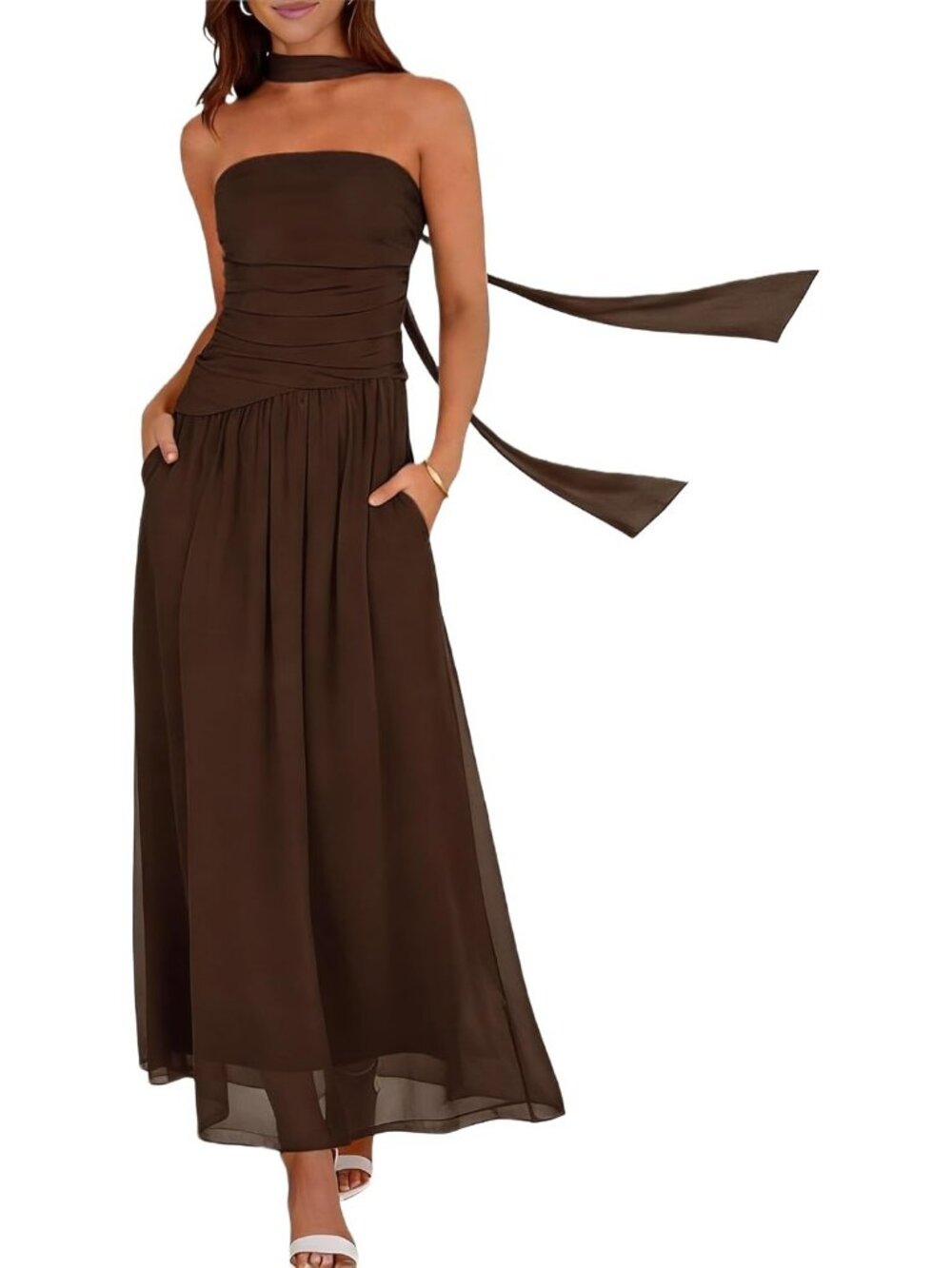 Women's Brown Strapless Ruched Elastic Waist Flowy Aline Fit Cocktail Maxi Dress